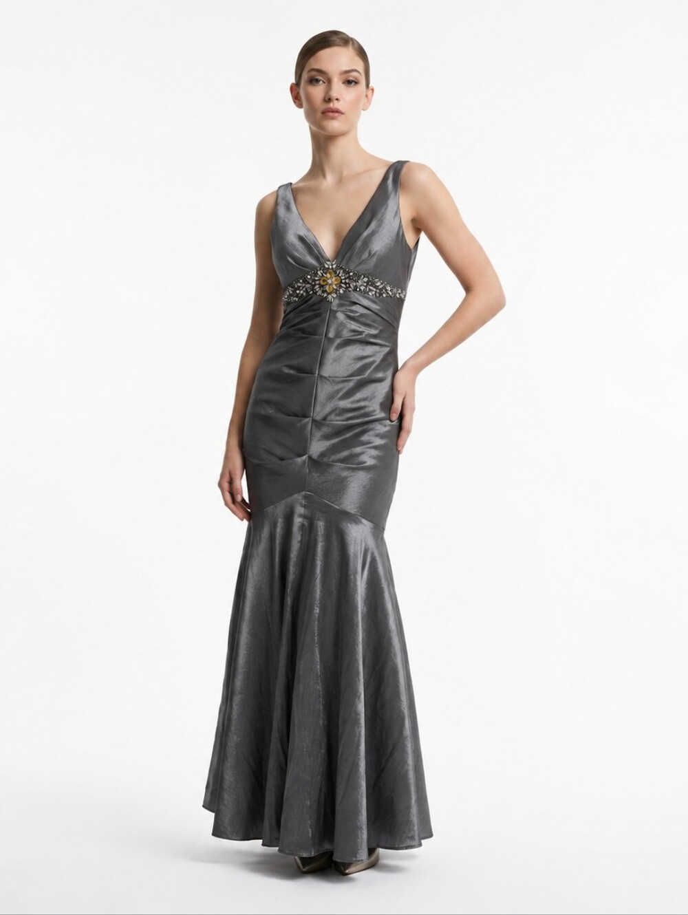 May Queen Gun Metal Gray Metallic Mermaid Prom Dress Sz 10 Ruched Stretch Beaded